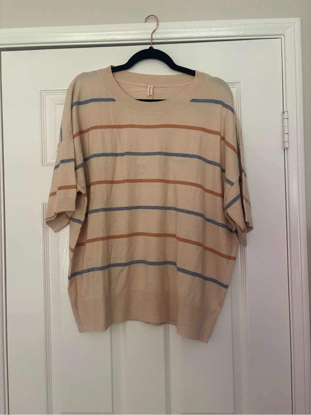 SHEWIN Beige Crewneck Sweater with Rust and Blue Stripes